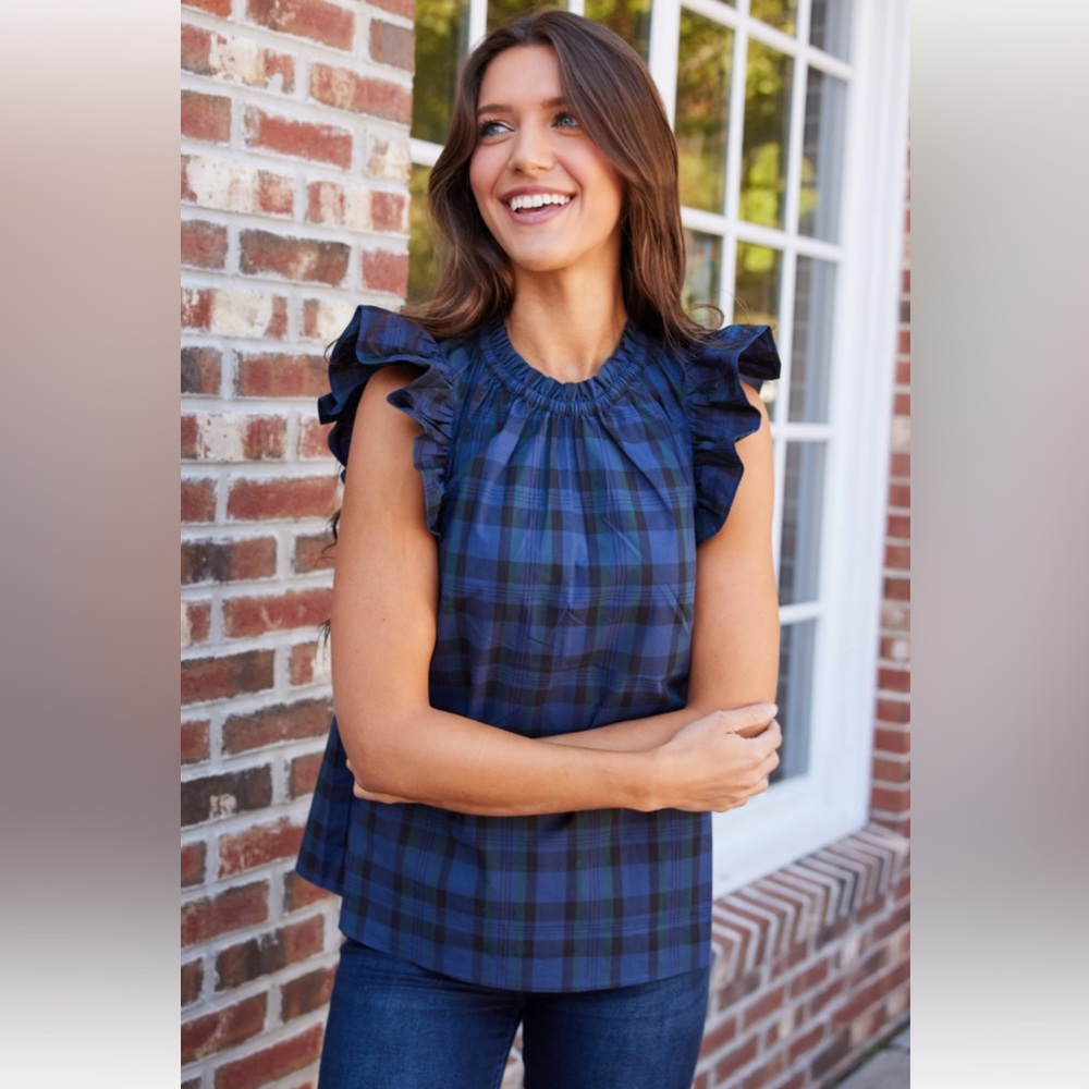Sail to Sable (Tuckernuck) Flutter Sleeve Top. Black watch plaid Size Small.